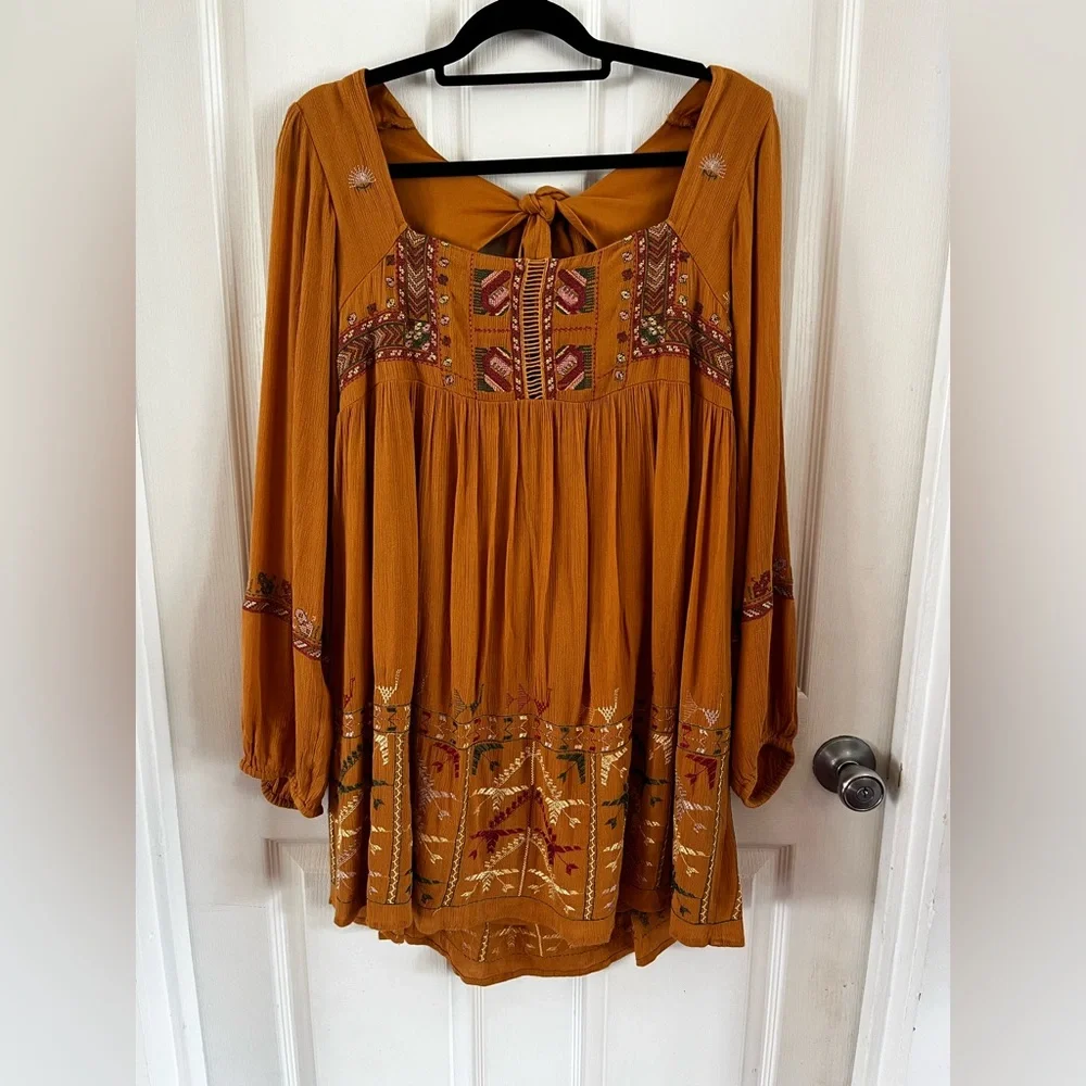 NWT Free People Mustard Yellow Bishop Sleeve Sundress Embroidered Small Mini